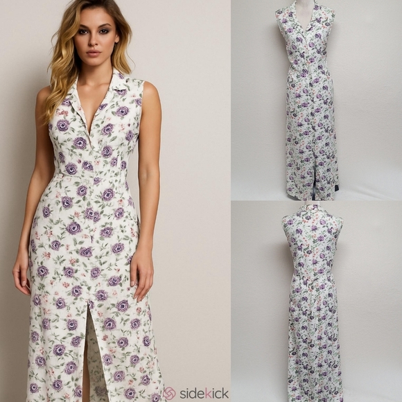 Vintage Dresses & Skirts - American Eagle Outfitters 80s Vintage White Purple Cabbage Rose Maxi Dress XL
